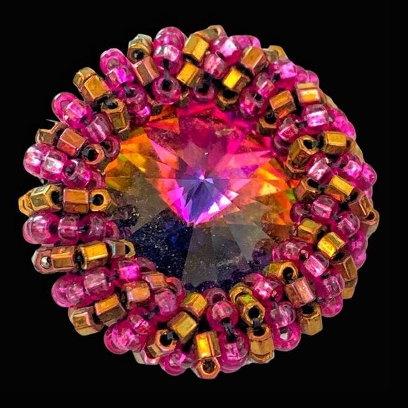 Swarovski watermelon rivoli artisan hand beaded hot pink gold pierced earrings - Picture 3 of 7